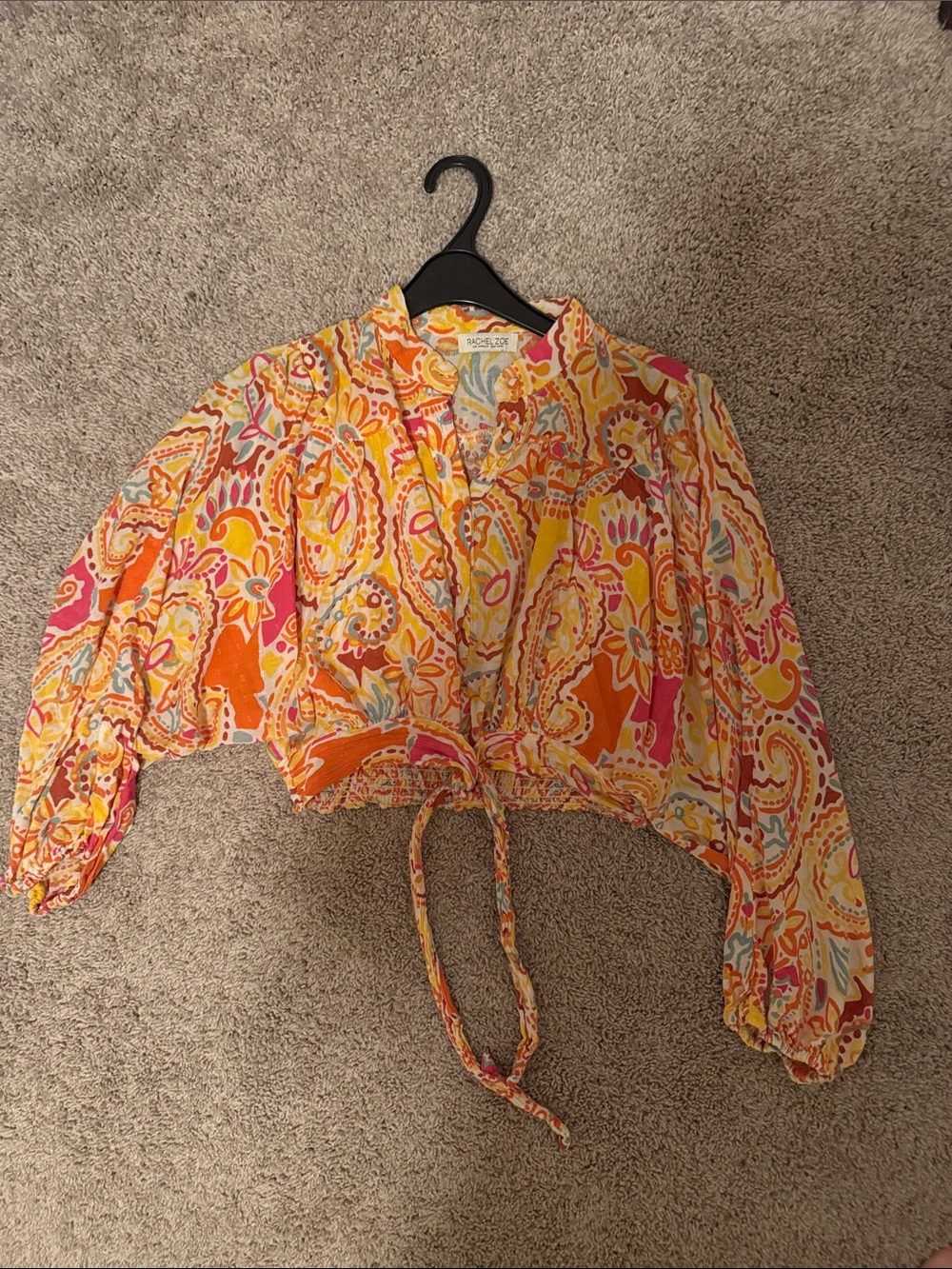 Rachel Zoe Vibrant Orange and Pink Paisley Cropped Tie-Front Top